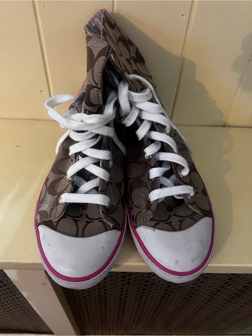 Coach Brown Signature High-Top Sneakers with Pink Accent